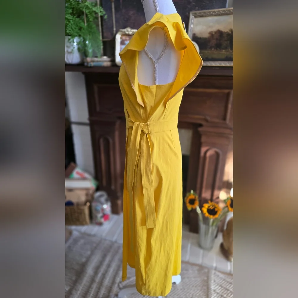💛 A.L.C. Yellow Mustard Walker Ruffle Shoulder Belted Tie Waist Wrapped Dress 6 - Picture 5 of 12